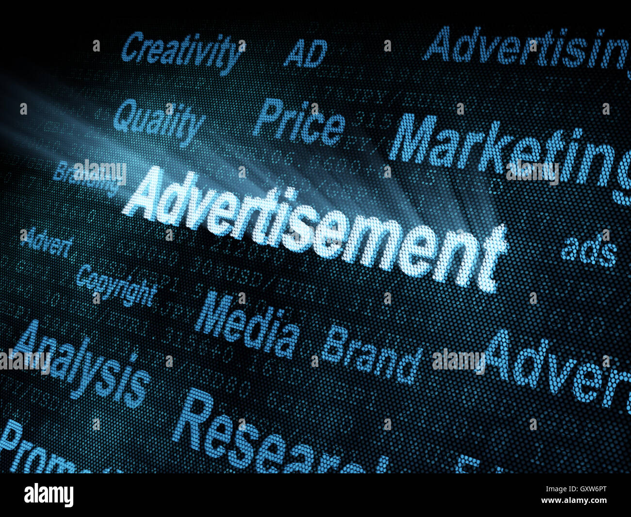 Pixeled word Advertisement on digital screen Stock Photo