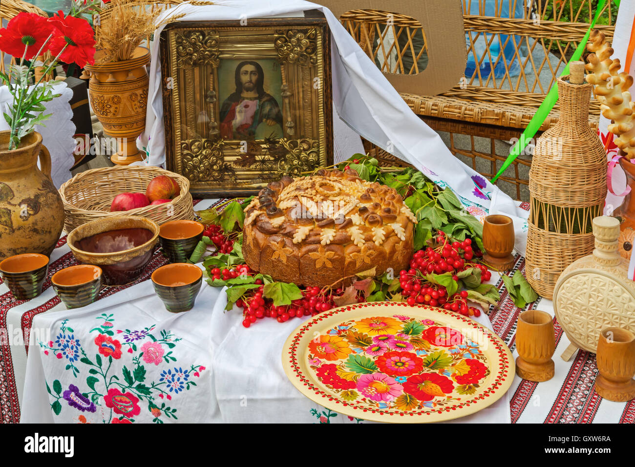 European people's table setting in national Slavic style Stock Photo