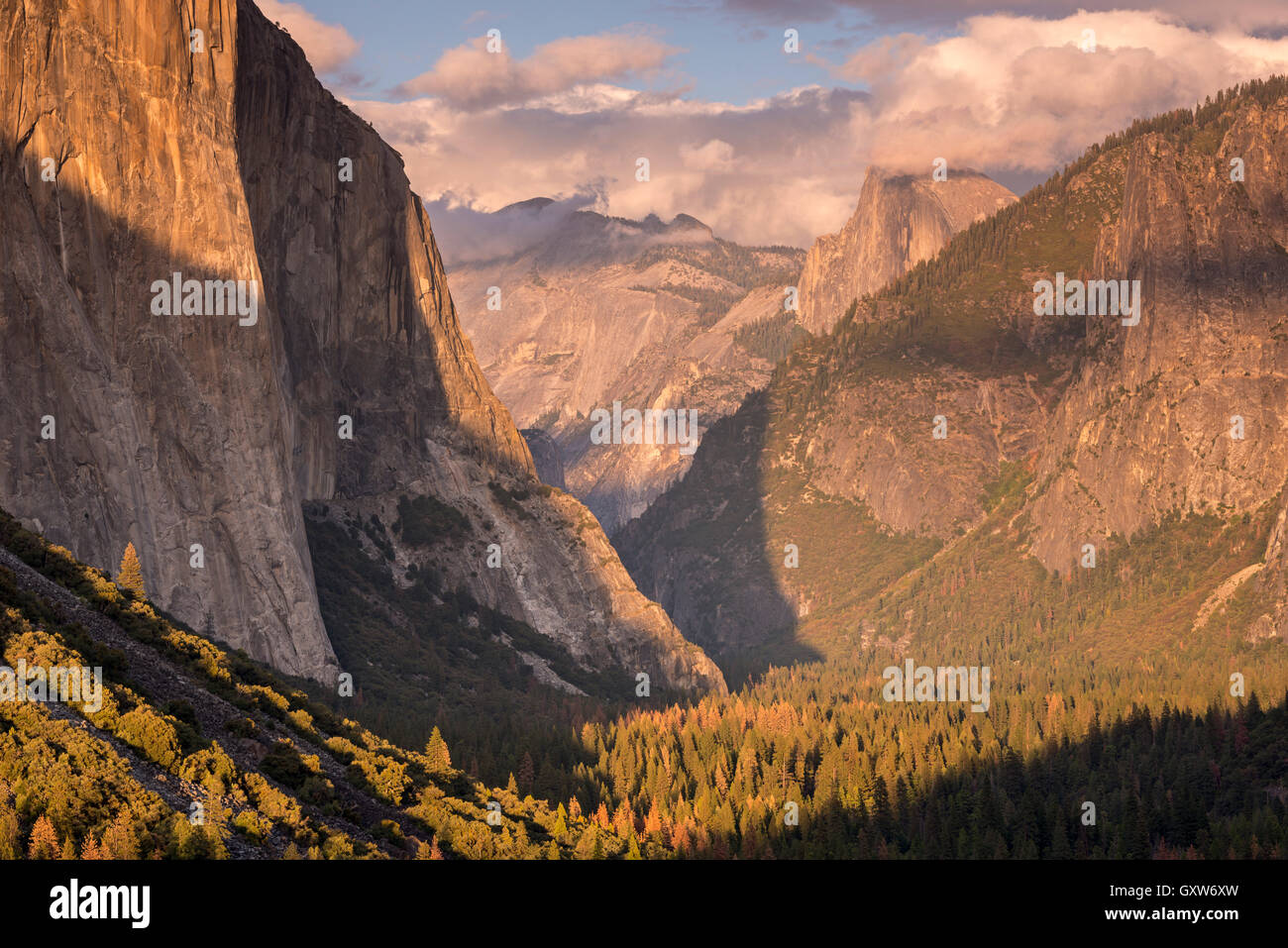 Yosemite Valley, with evening light bathing on Half Dome and El Capitan, Yosemite National Park, California, USA. Autumn Stock Photo