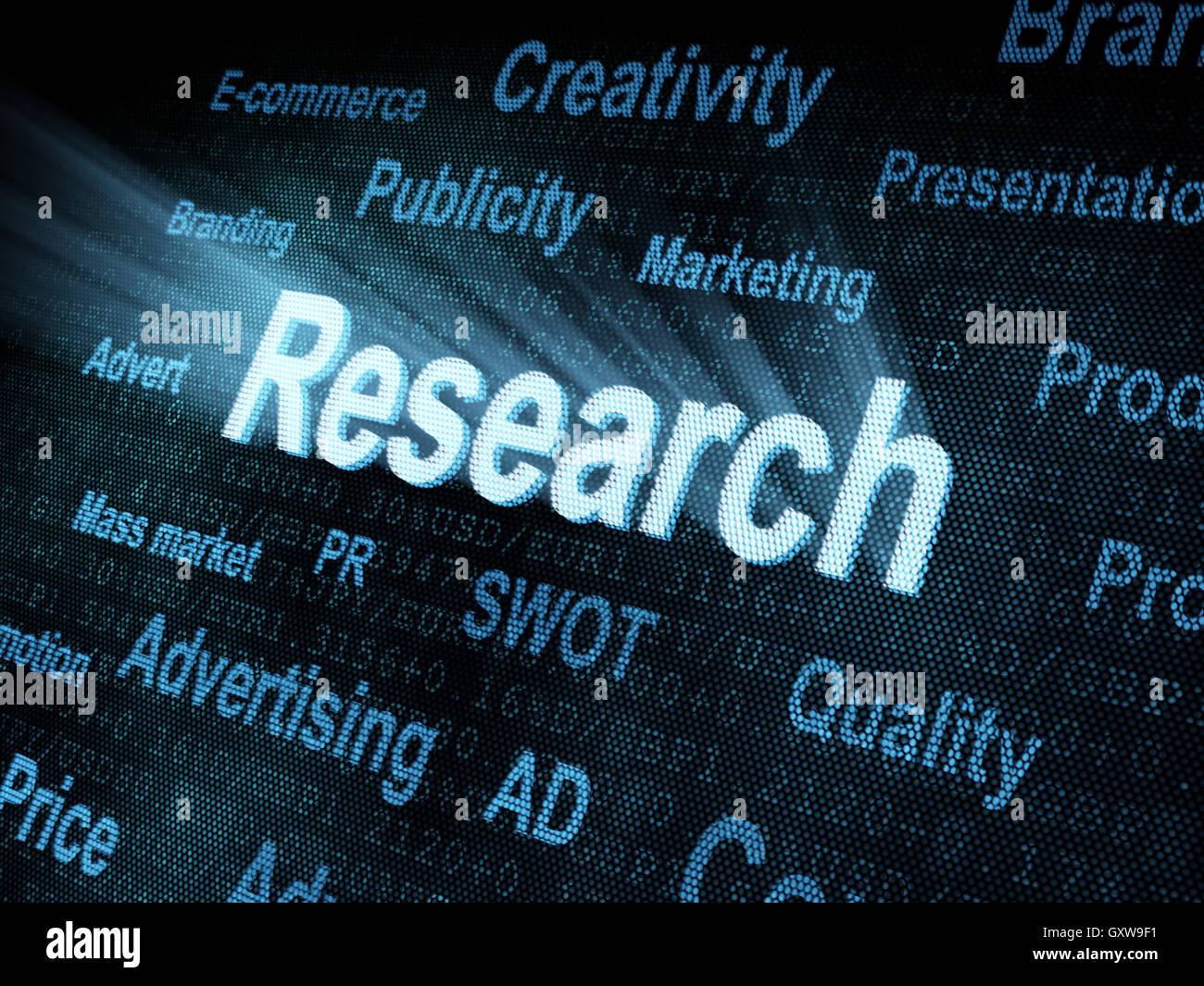 Pixeled word Research on digital screen Stock Photo