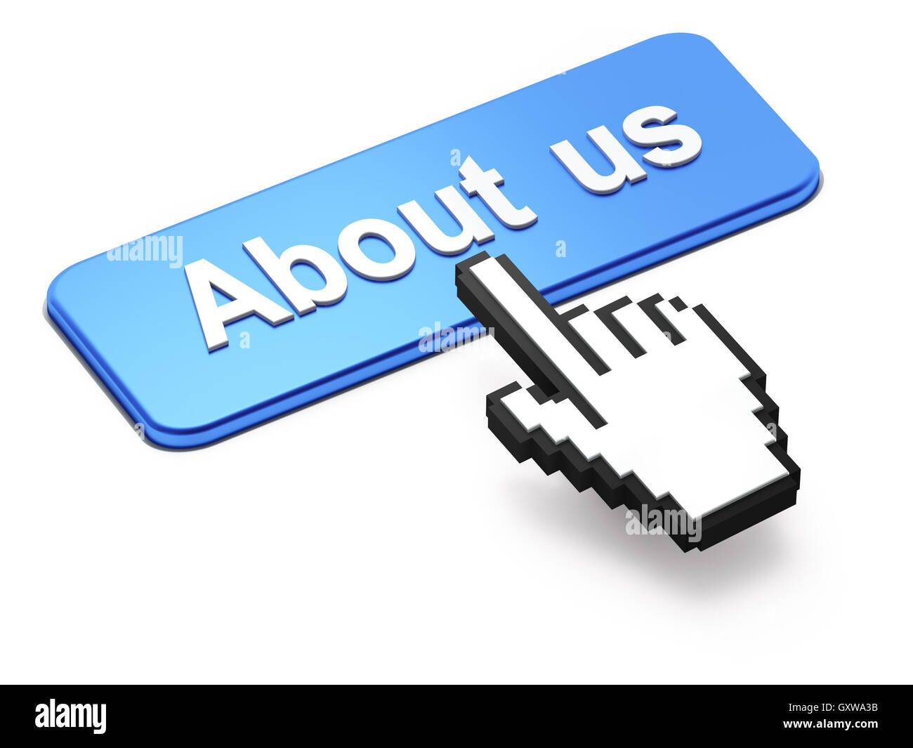 Hand-shaped mouse cursor press About Us button Stock Photo - Alamy