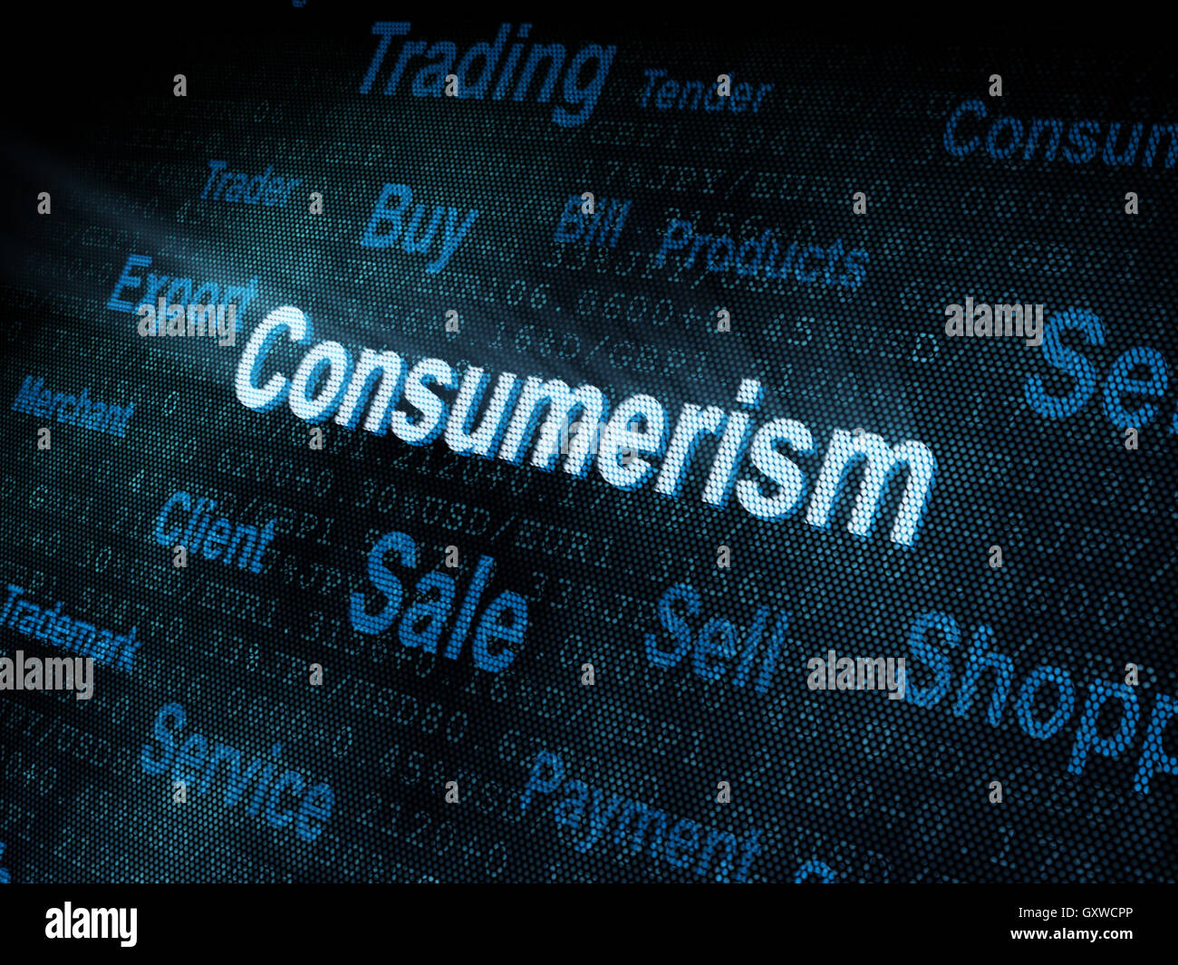 Pixeled word Consumerism on digital screen Stock Photo