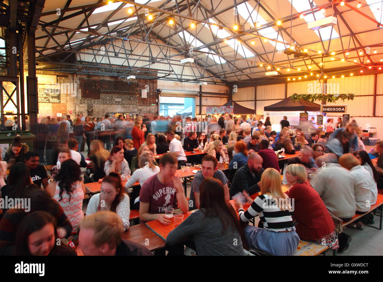 Indoor bar and eating area at Peddler Market in the Kelham Island district of the city of Sheffield, Yorkshire England UK Stock Photo