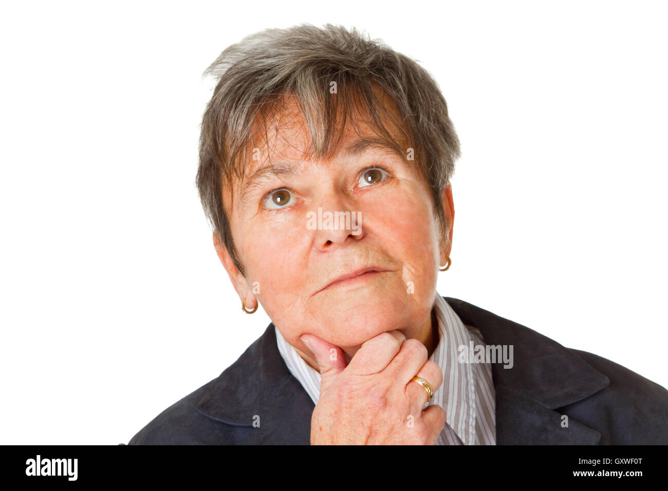 Female senior thinking in distrust - ioslated on white background Stock Photo