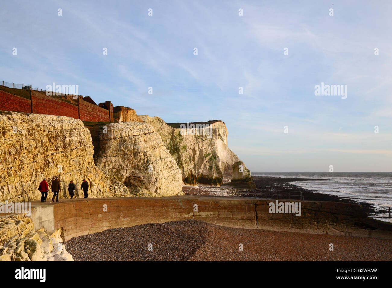 View along chalk cliffs from promenade to Seaford Head, Seaford, East Sussex, England Stock Photo