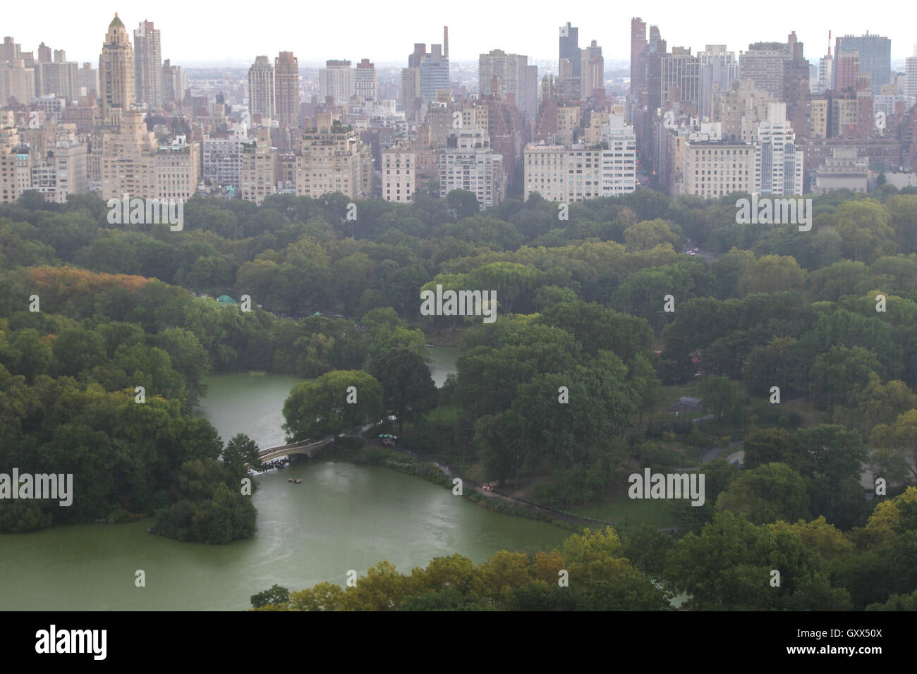 Heavy rain blurs the view of Central Park and Upper East Side. Stock Photo