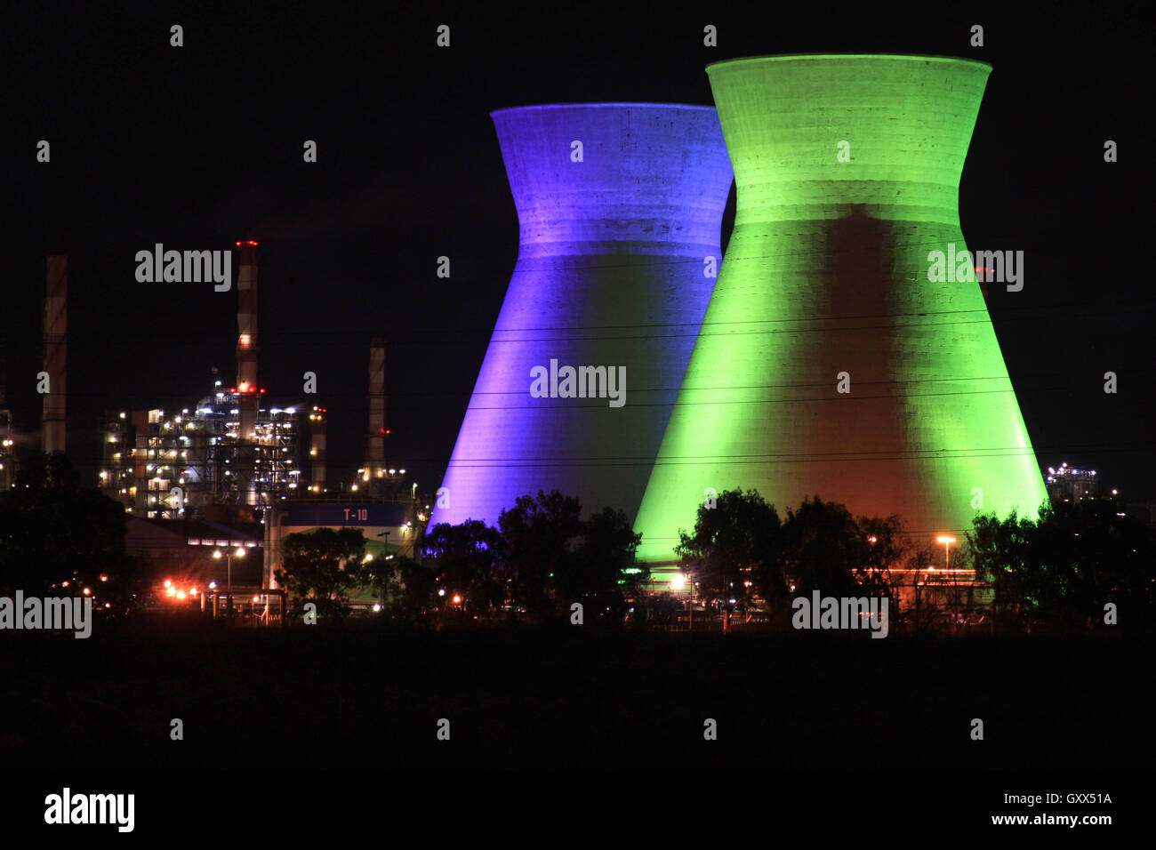 Two large industrial draft cooling towers at Haifa Bazan refinery are