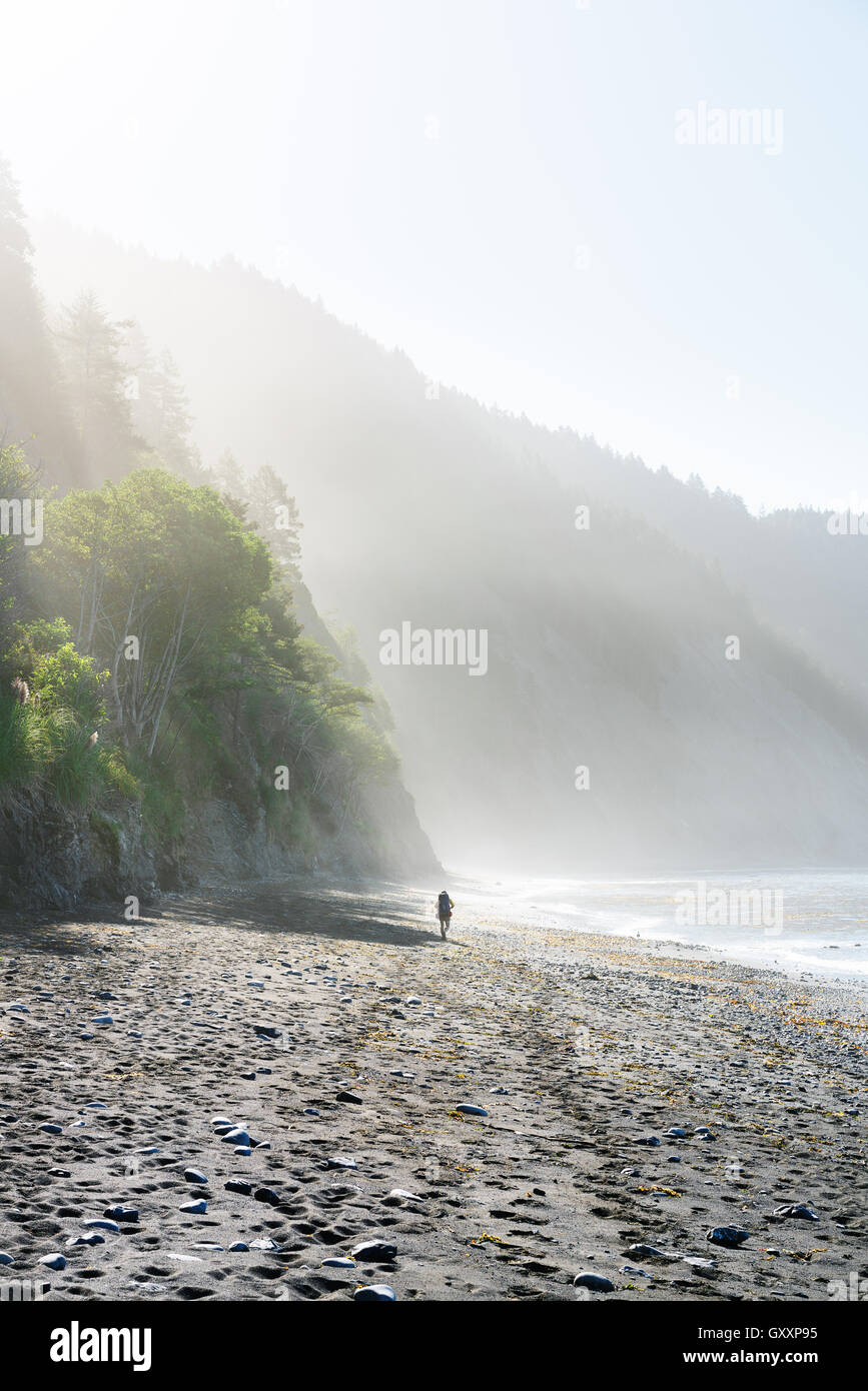 A lone backpacker journeys along The Lost Coast in Northern California