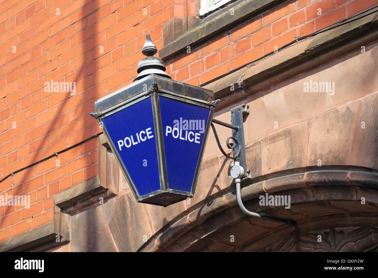 Traditional blue British Police Station lamp,Stockton Heath,Warrington,Cheshire Stock Photo