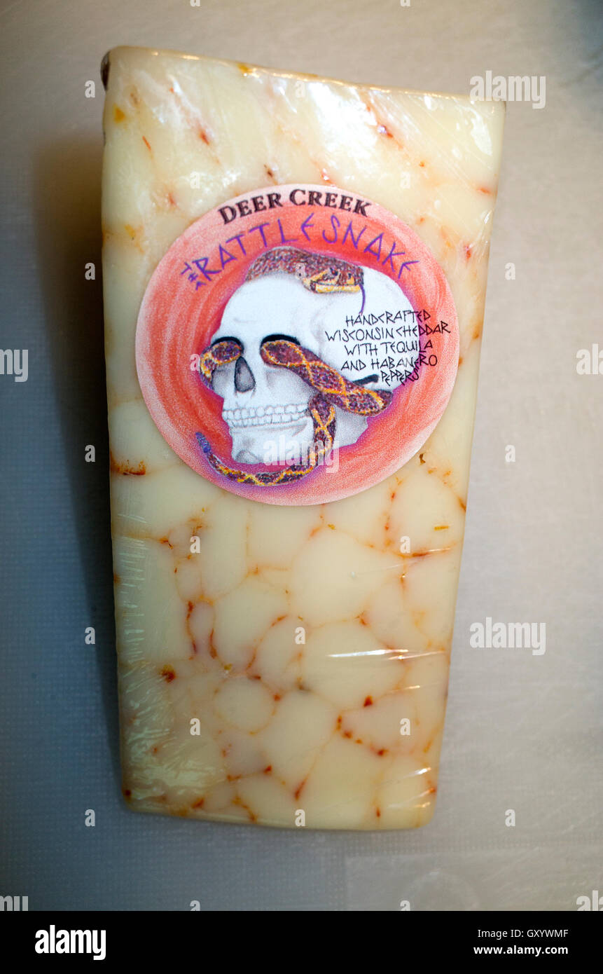Package of Rattle Snake Deer Creek cheddar cheese laced with tequila and habanaro peppers. St Paul Minnesota MN USA Stock Photo