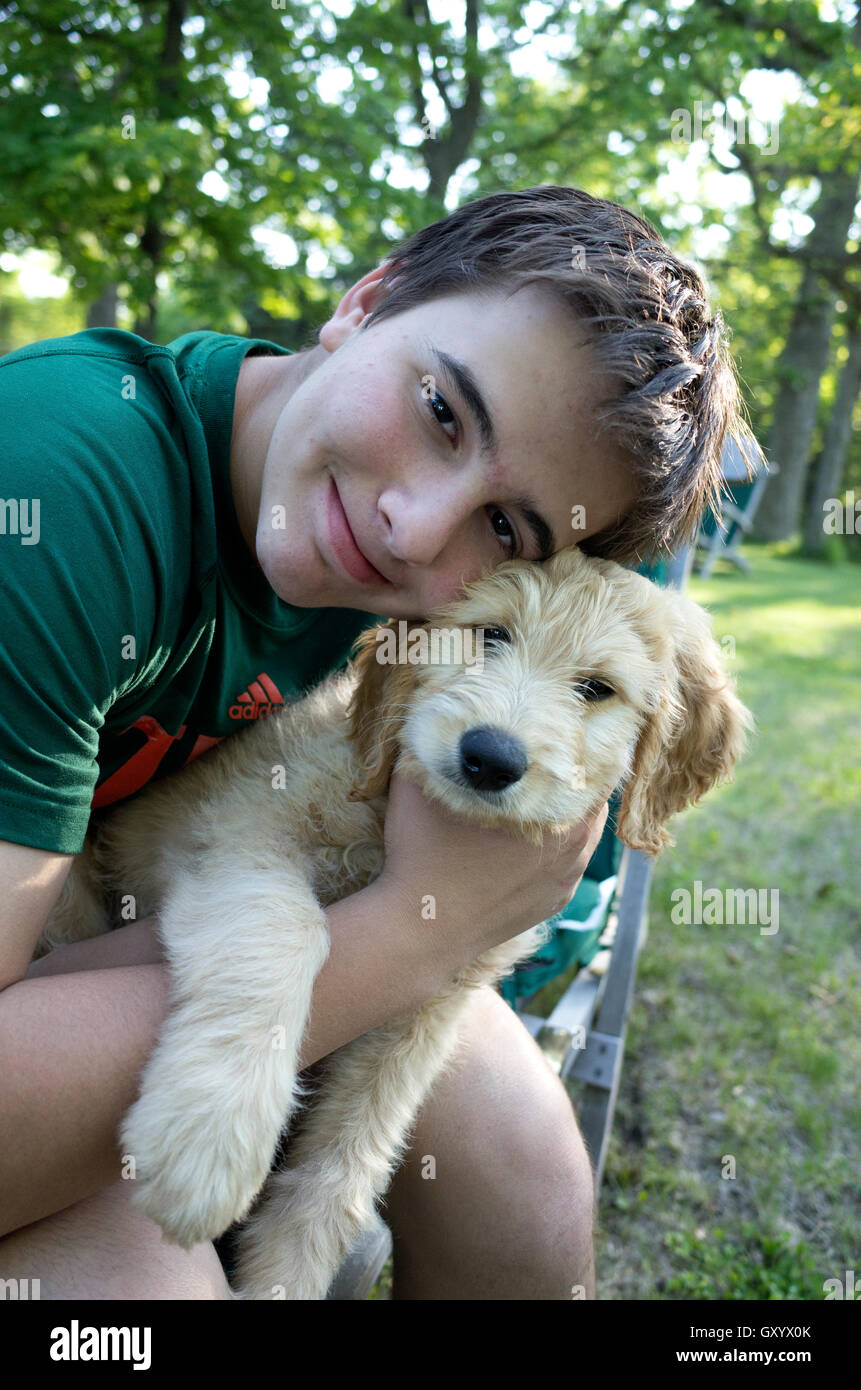 Happy young teen boy embracing Odin his new Goldendoodle puppy. Clitherall Minnesota MN USA Stock Photo