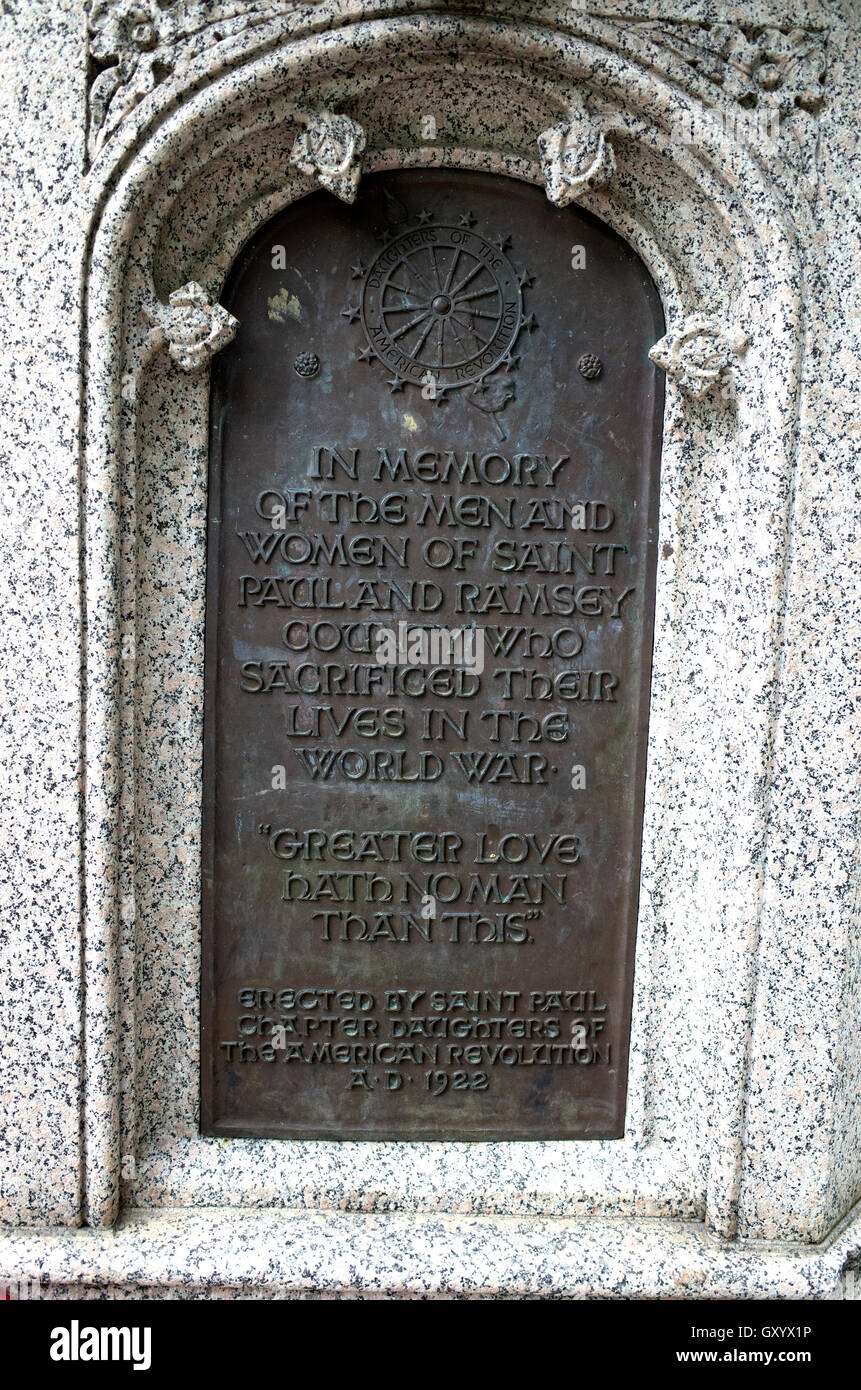 Plaque at base of Summit Ave monument honoring the soldiers who lost their lives in World War I. St Paul Minnesota MN USA Stock Photo