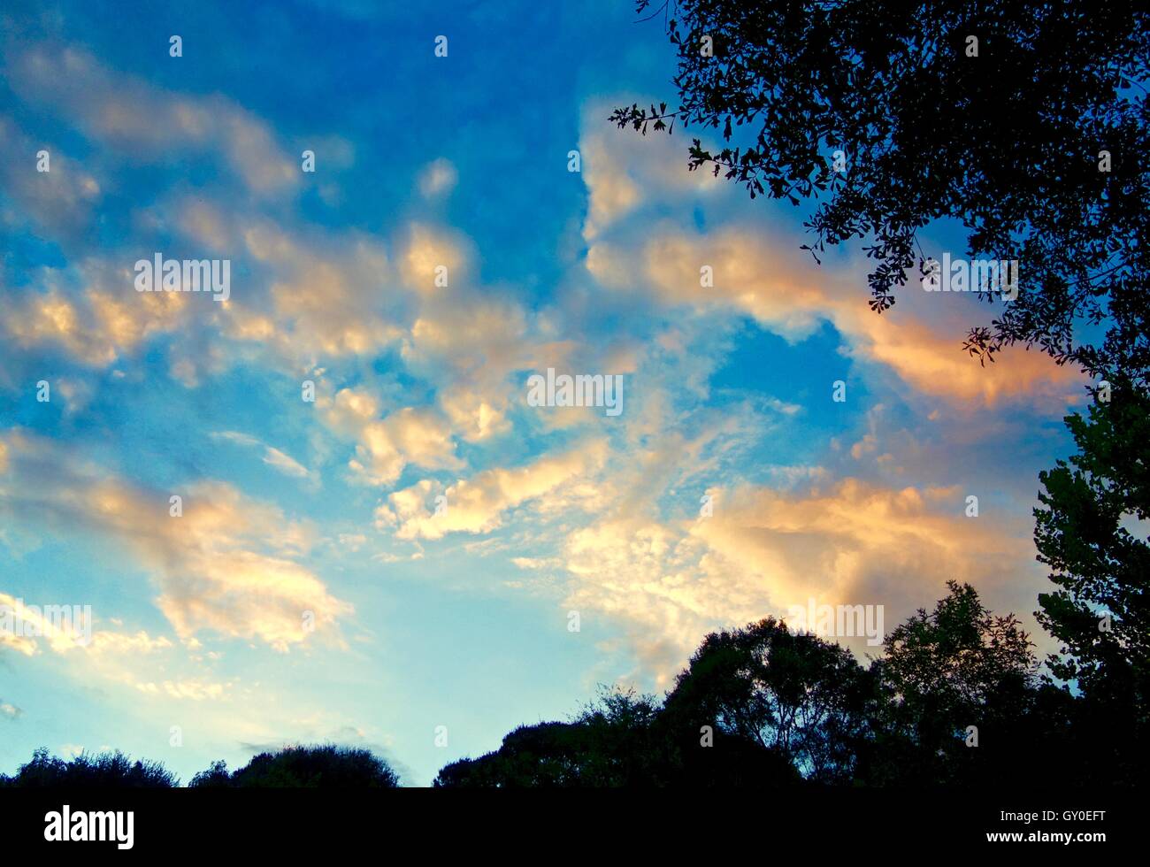 Vibrant cloudscape during a sunset in autumn. Stock Photo