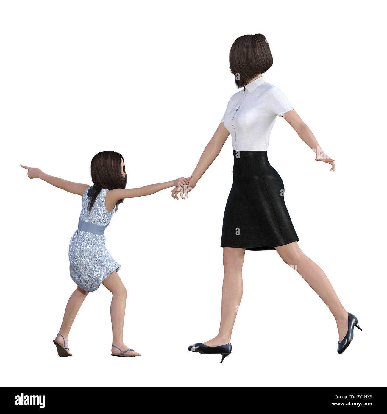 Mother Daughter Interaction of Girl Pulling Mom Hand as an Illustration Concept Stock Photo