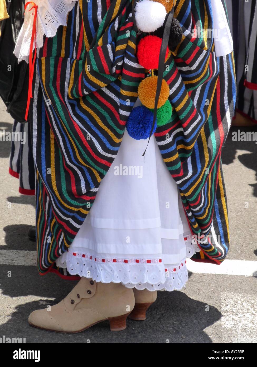 Close-up of skirt of female traditional costume in La Orotava, Tenerife, Canary Islands, with colourful pom-poms and lace petticoat Stock Photo