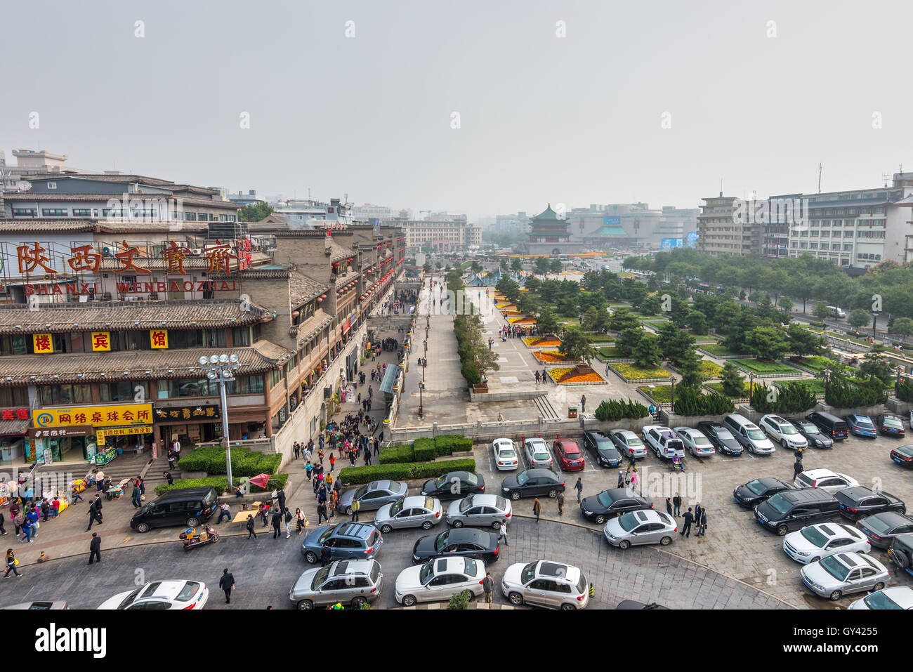 View of the square near the Bell Tower in Xian, Shaanxi Province, China. Stock Photo