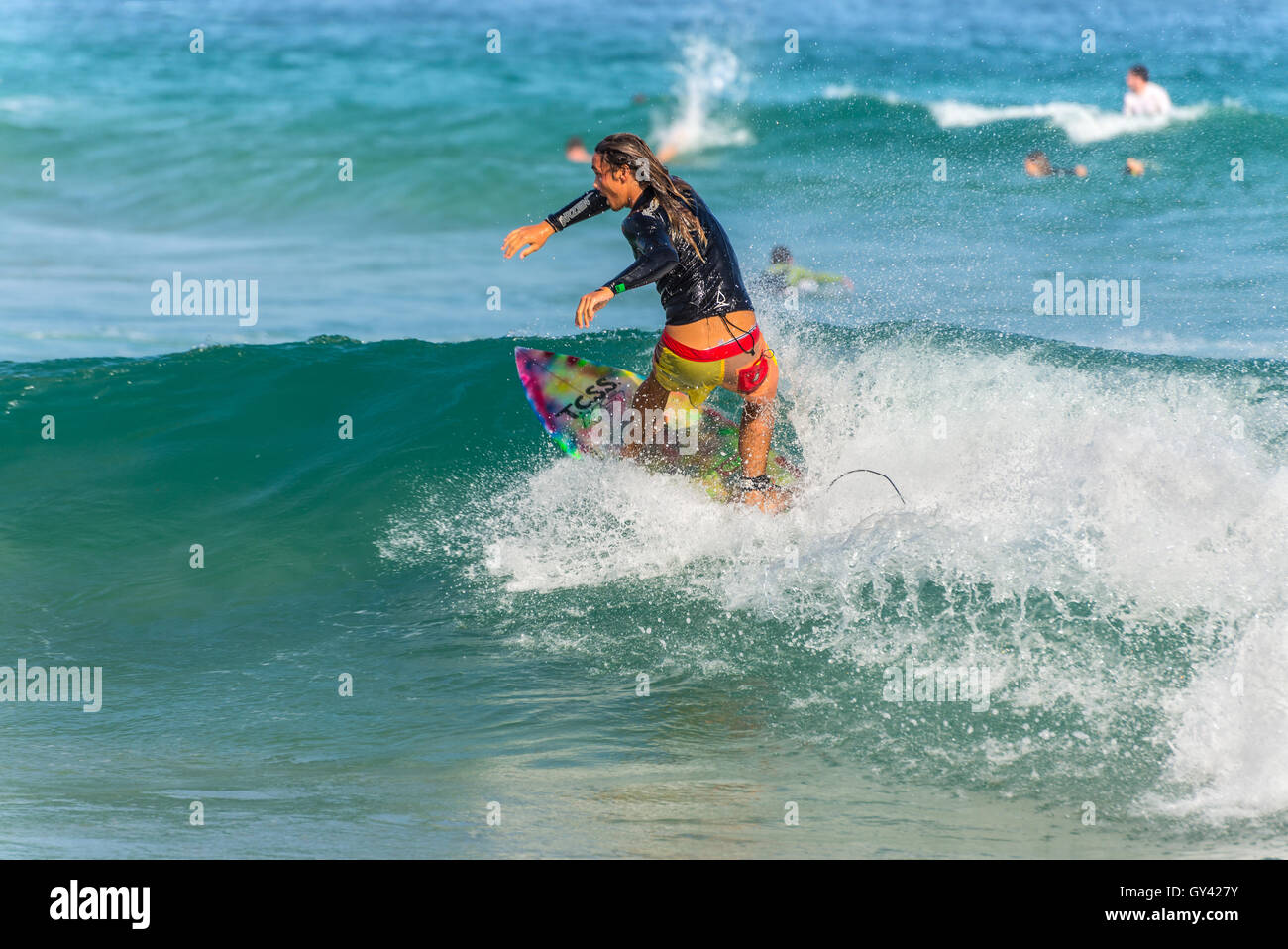 Australian surfer on the crest of a wave, Bondi Beach in the Eastern Suburbs Sydney Stock Photo