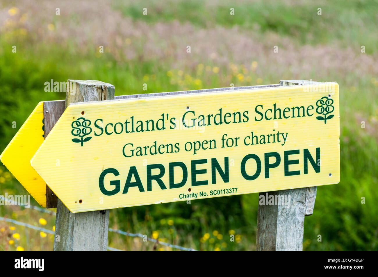 Scotland's Gardens Scheme sign for Garden Open for Charity. Stock Photo