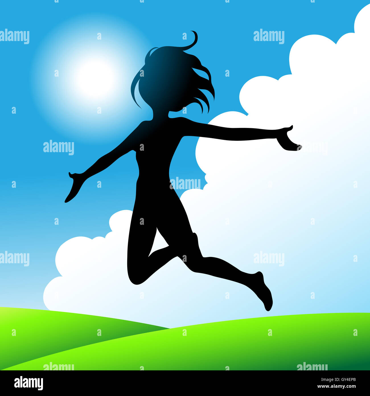girl jumping under the sunny blue sky Stock Photo - Alamy