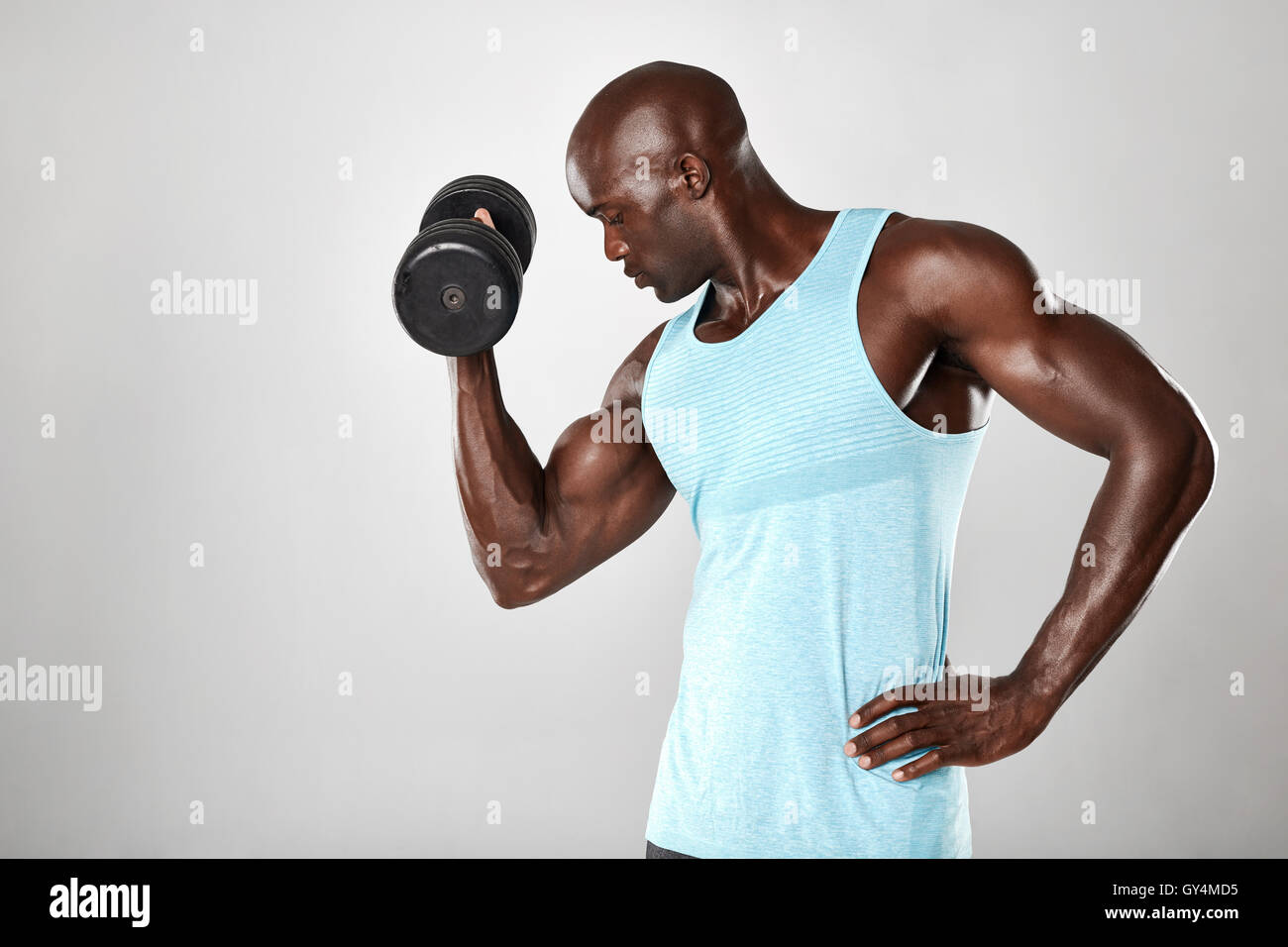 Shot of young muscular man doing heavy dumbbell exercise for biceps. African fitness model working out with dumbbells on grey ba Stock Photo