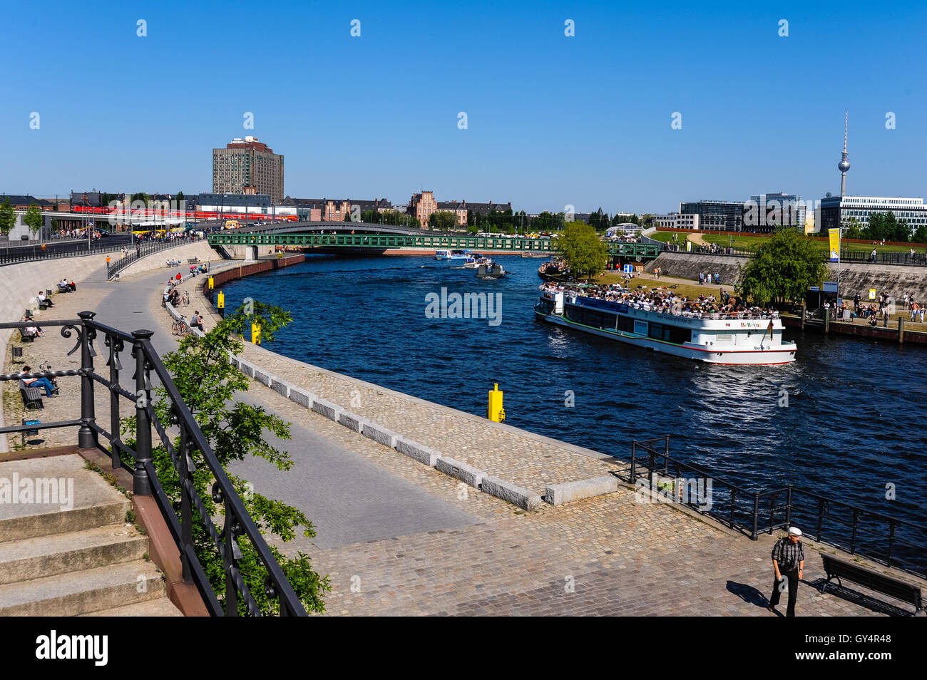 Berlin, Germany. The River Spree. Berlin Central Station, Hauptbahnhof, in the background. Stock Photo