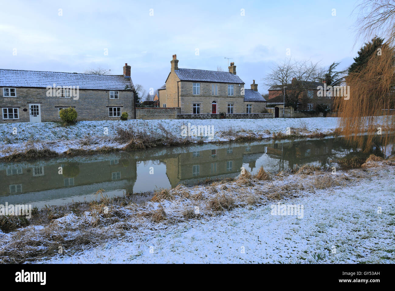 January, Winter snow, river Welland, Market Deeping town, Lincolnshire; England; UK Stock Photo
