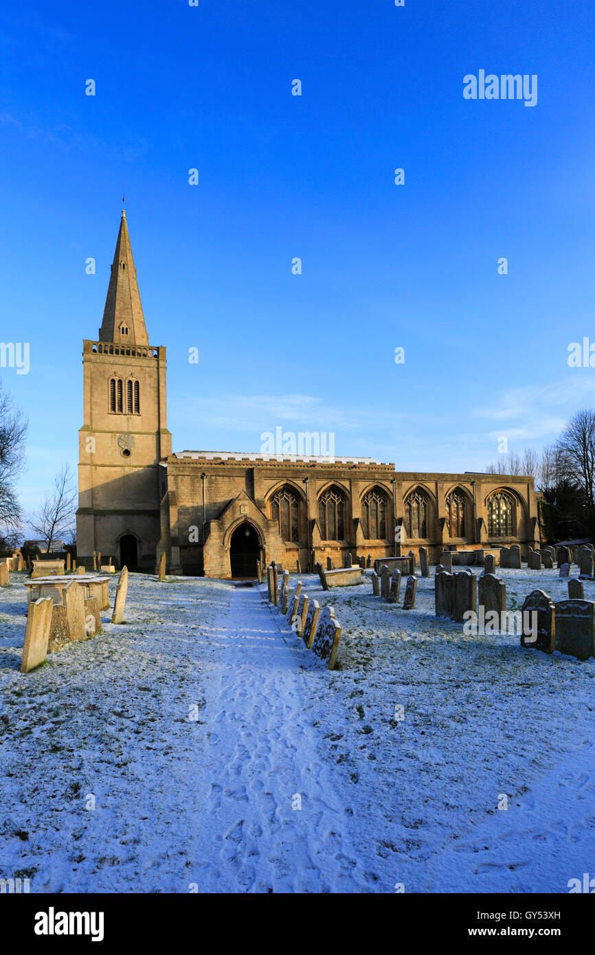 Winter snow, Priory church Deeping St James, Lincolnshire County, England, UK Stock Photo