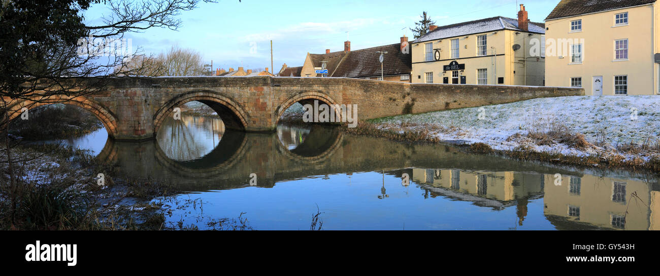 January, Winter snow, Stone bridge, river Welland, Market Deeping town, Lincolnshire; England; UK Stock Photo