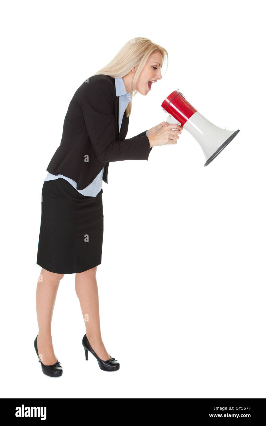 Female executive yelling through a megaphone Stock Photo Alamy