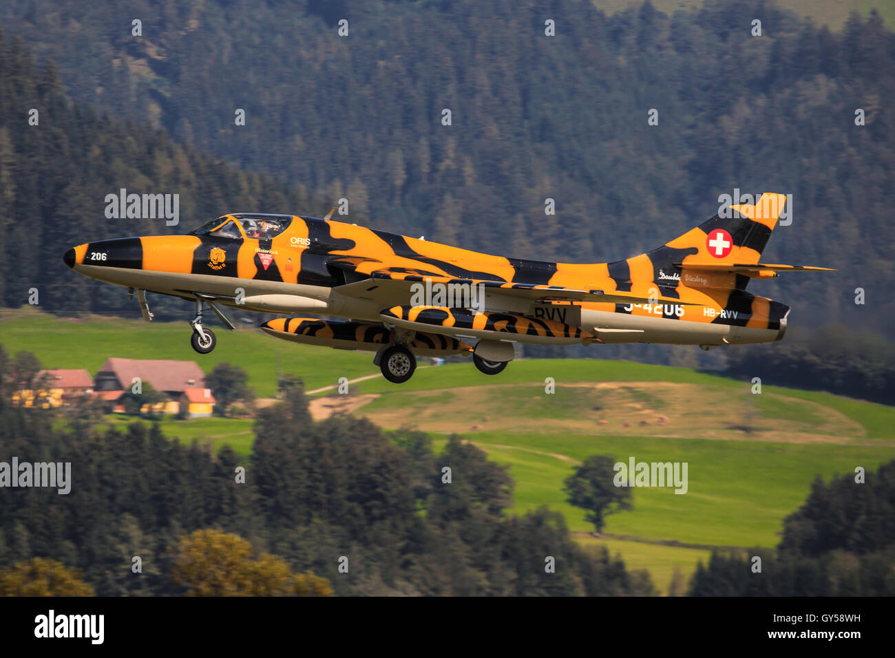 ZELTWEG, STYRIA, AUSTRIA - SEPTEMBER 02:Hawker Hunter fighter jet of the Swiss airforce at Airpower 2016, in Zeltweg, Austria Stock Photo