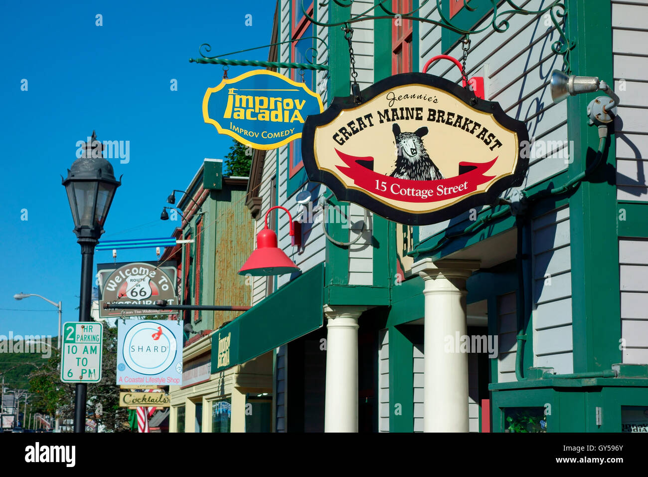 Signs on shops along Cottage Street in Bar Harbor, Maine, USA Stock Photo