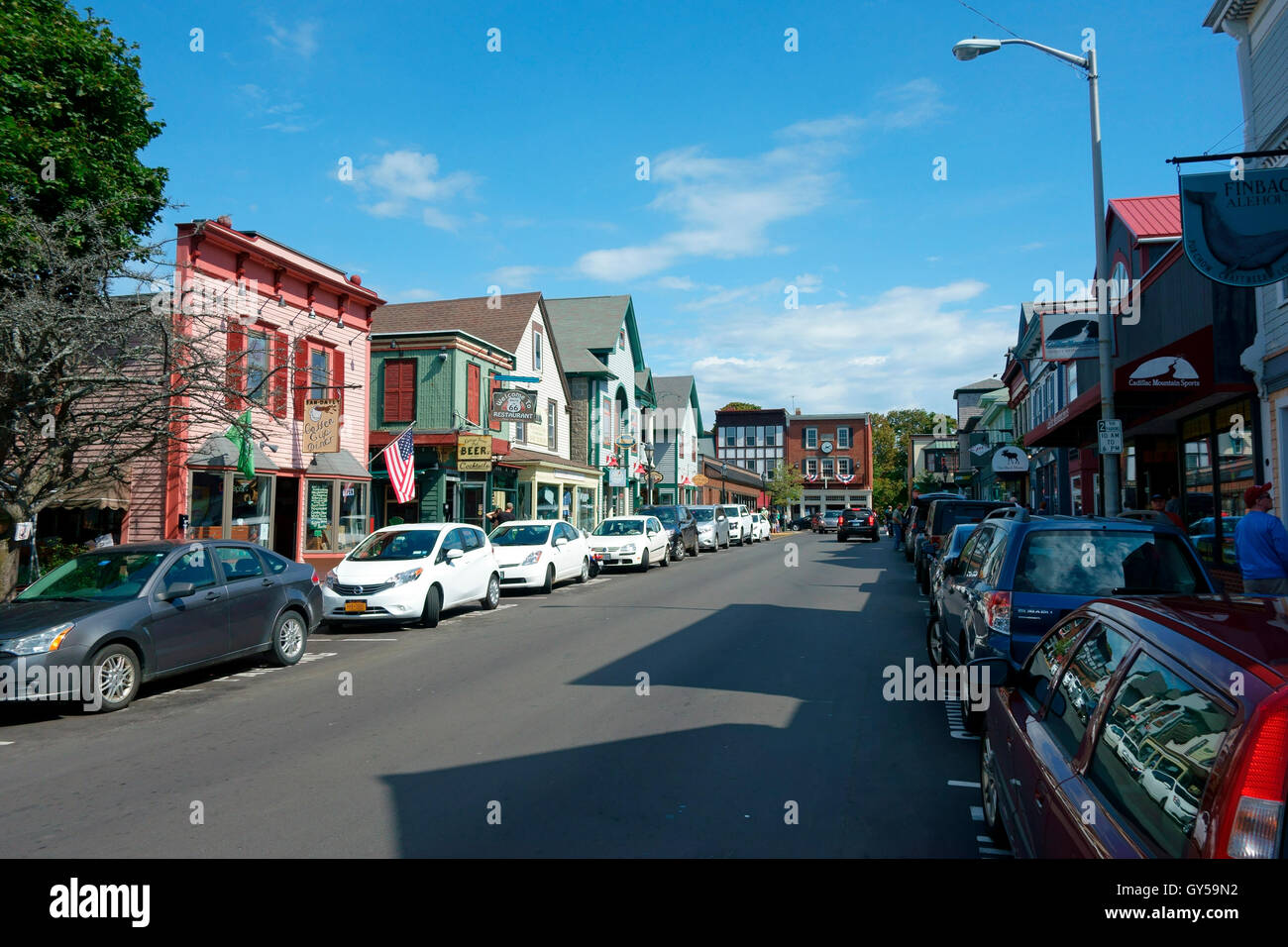 Cottage Street in Bar Harbor, Maine, USA Stock Photo