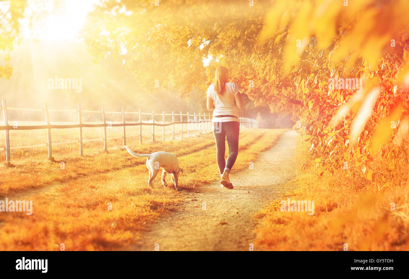 Autumn landscape with young woman and dog Stock Photo