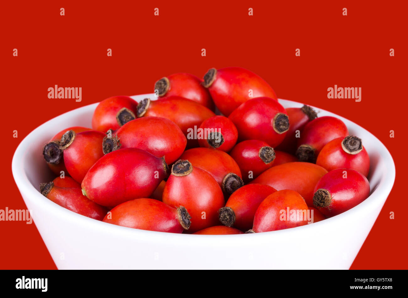 Rose hips in white bowl over red, also rose haw or rose hep. Ripe red fruits of roses macro photo. Stock Photo