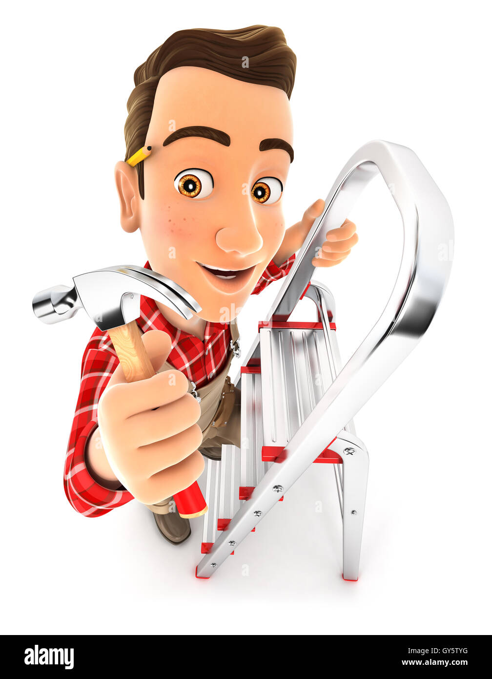 3d handyman on stepladder with claw hammer, illustration with isolated white background Stock Photo