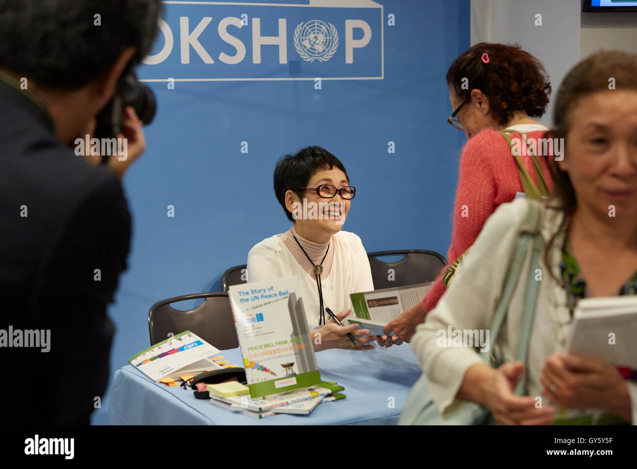 New York, United States. 16th Sep, 2016. Author Seiko Takase, signs books and greeted guest at the UN Book Store on the International Day of Peace. Seiko Takase shares with us her father Chiyoji Nakagawa project known as the “Peace Bell” on the 35th Anniversary of the International Day of Peace. Credit:  Mark J Sullivan/Pacific Press/Alamy Live News Stock Photo