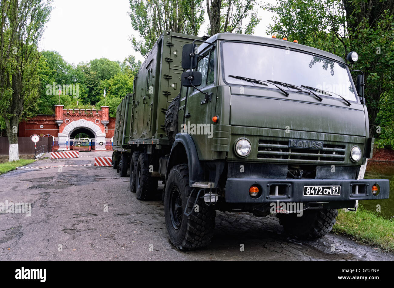 Russian Army Trucks KamAZ in the Front of the Pillau Citadel in Baltiysk, Kaliningrad Region, Russia. Stock Photo
