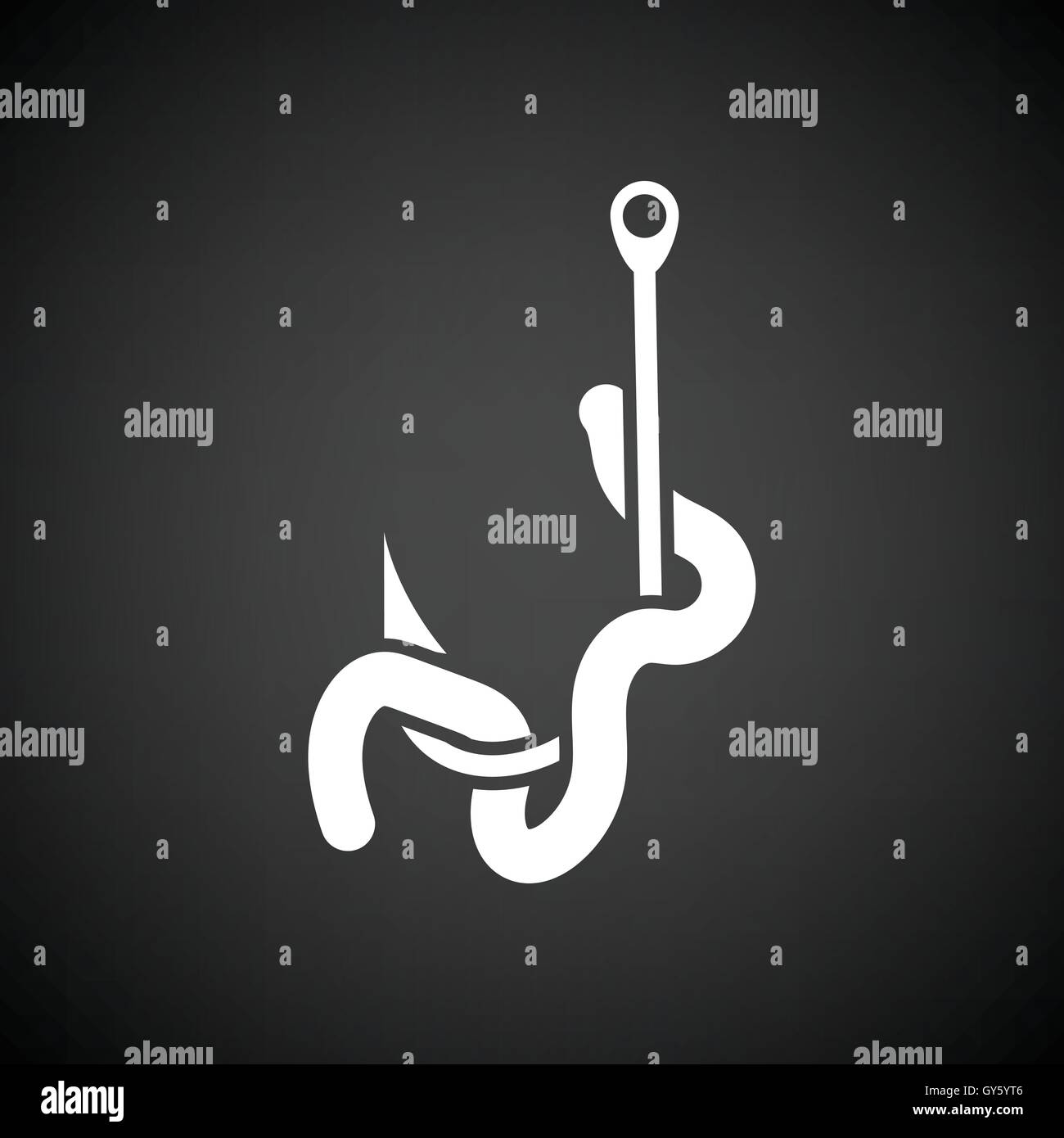 Icon of worm on hook. Black background with white. Vector illustration. Stock Vector