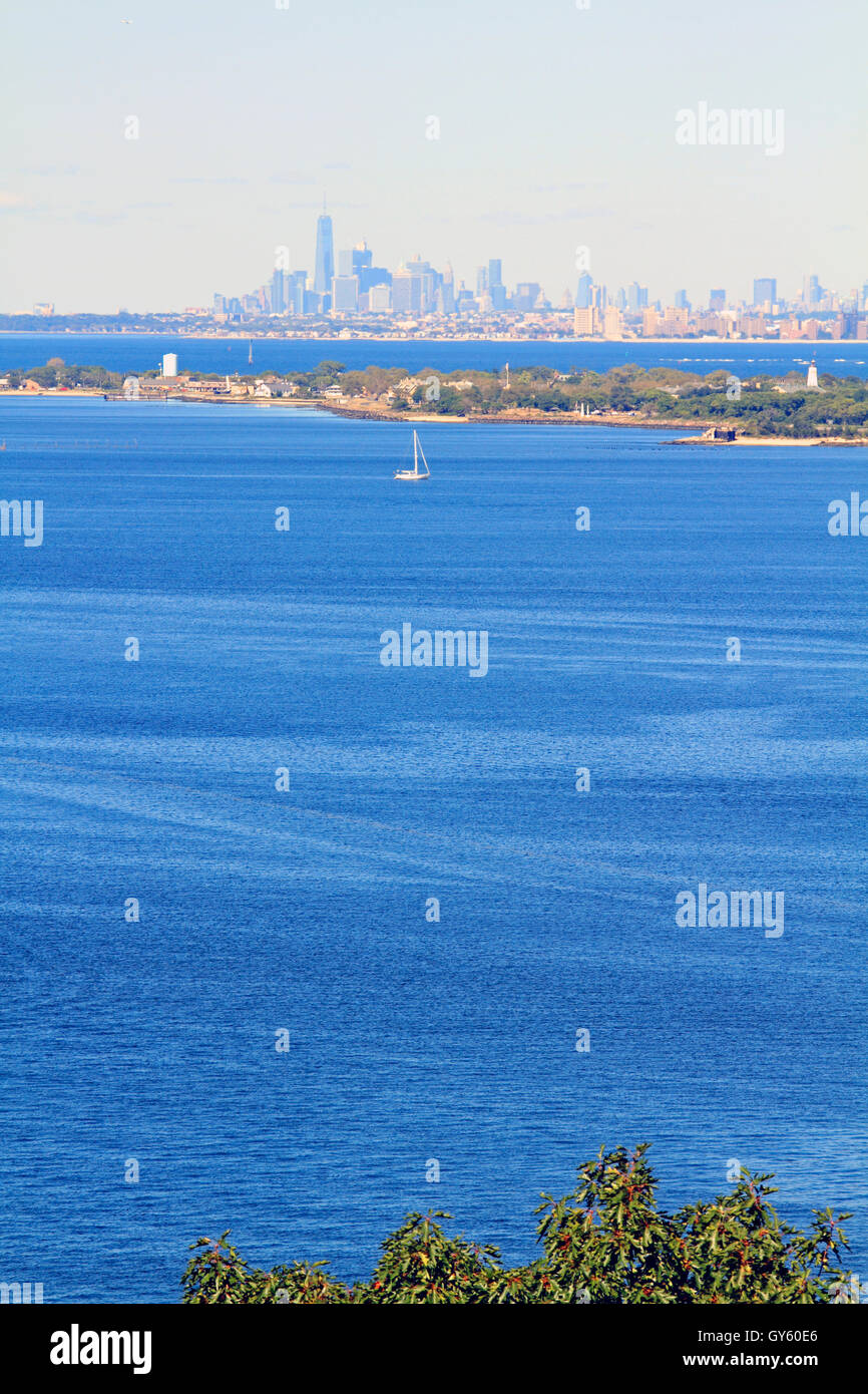 A view of Sandy Hook Bay and Lower Manhattan from Mount Mitchell, Atlantic Highlands, New Jersey, USA Stock Photo