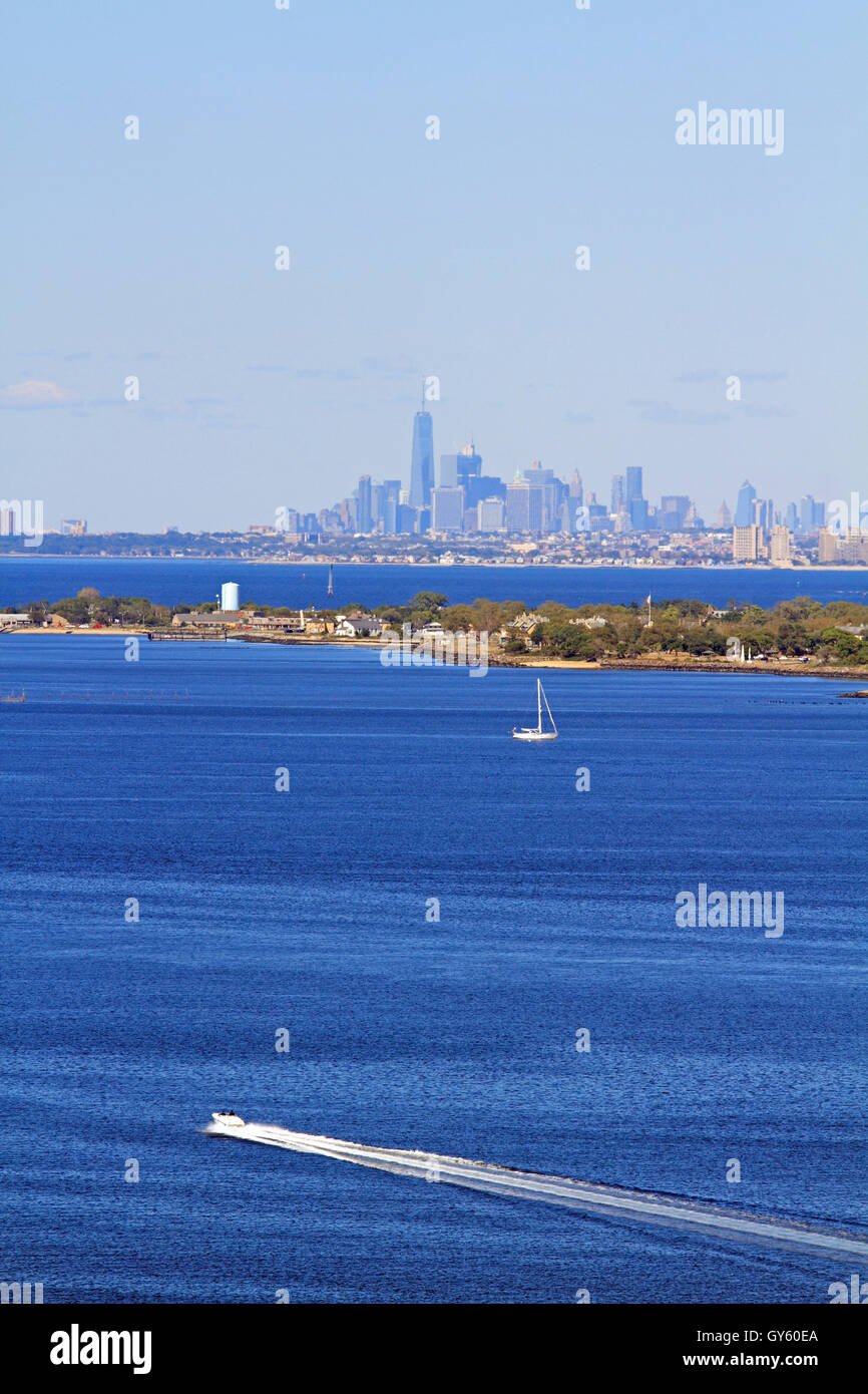 A view of Sandy Hook Bay and Lower Manhattan from Mount Mitchell, Atlantic Highlands, New Jersey, USA Stock Photo