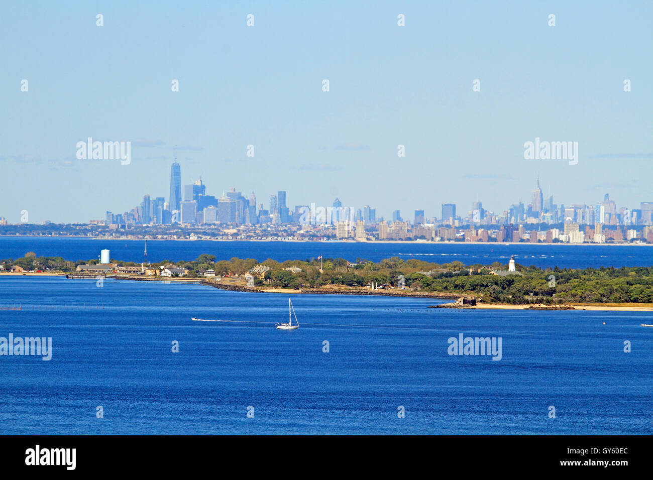 A view of Sandy Hook Bay and Lower Manhattan from Mount Mitchell, Atlantic Highlands, New Jersey, USA Stock Photo