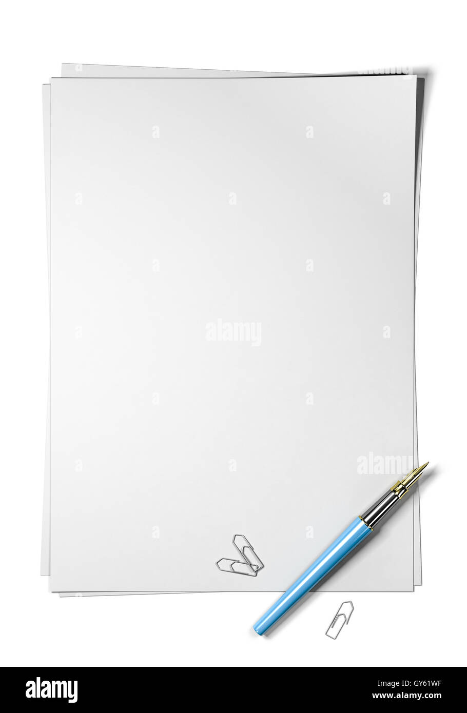 Blank page with blue fountain pen and paperclips at the bottom right angle of the sheet, top view and portrait orientation. 3D i Stock Photo