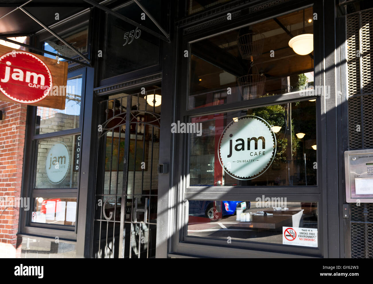 Window front of Jam Cafe restaurant in downtown Vancouver on Beatty