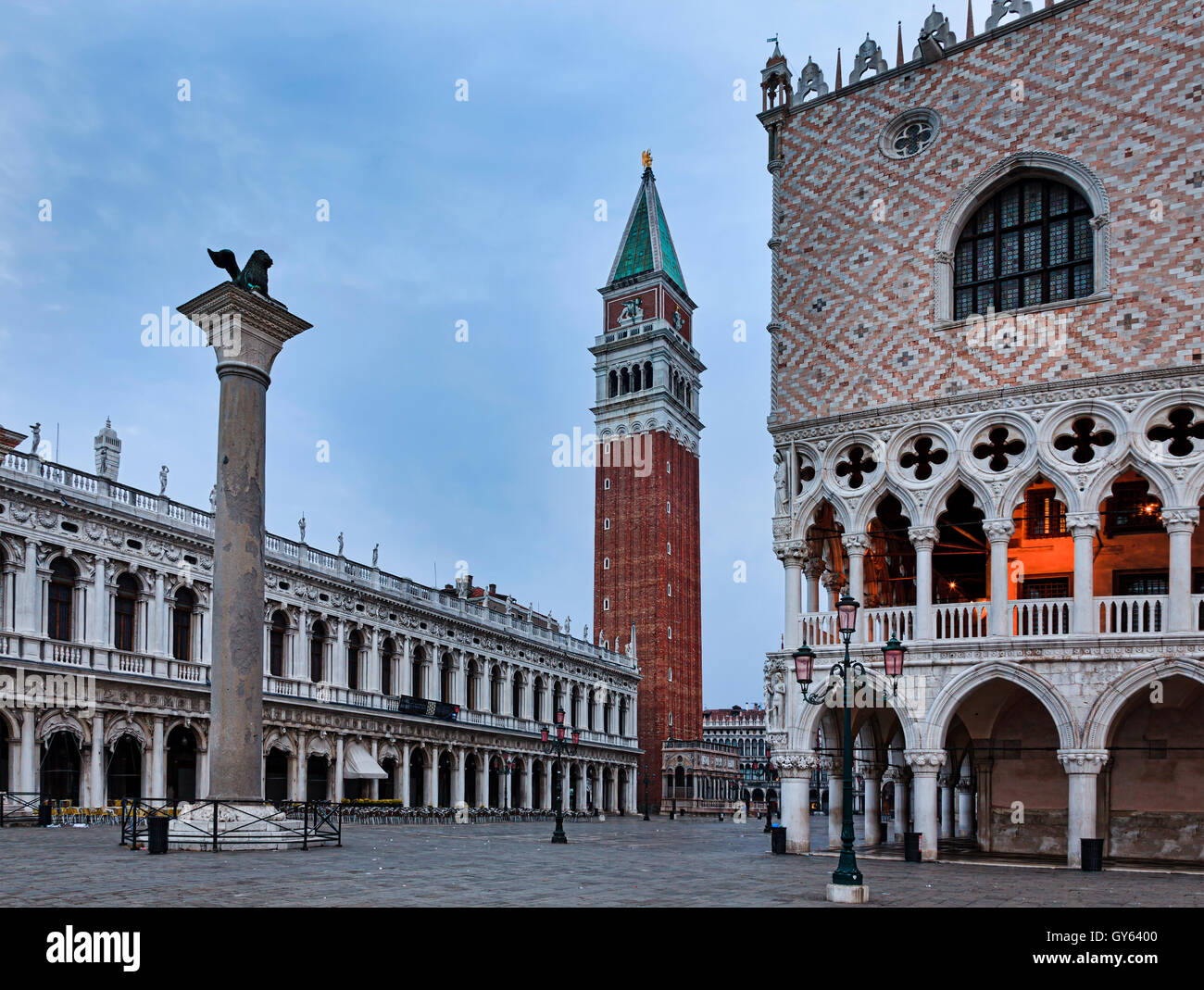 Venice San Marco square towards Campanile tower and palace of Doges at sunrise. Stock Photo