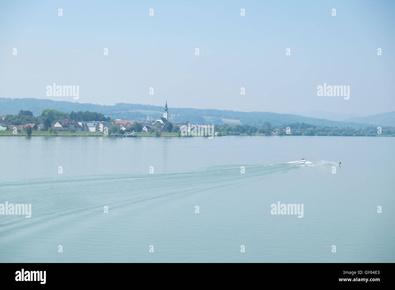 Water ski, Danube, River, City, Pöchlarn, Mostviertel, Lower Austria, Austria Stock Photo