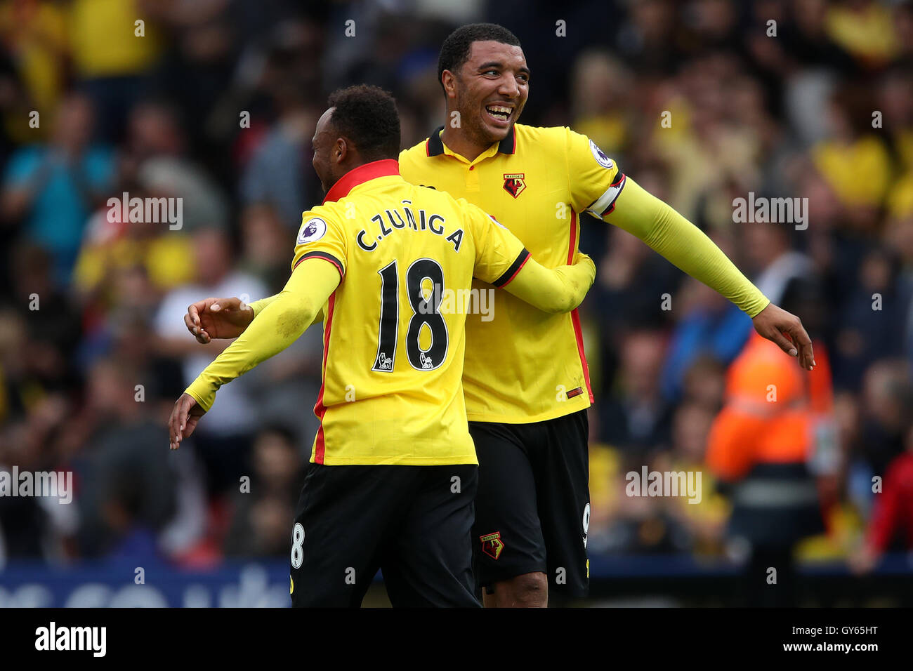 Watford's Troy Deeney (right) and Watford's Juan Camilo Zuniga celebrate victory after the final whistle during the Premier League match at Vicarage Road, Watford. Stock Photo