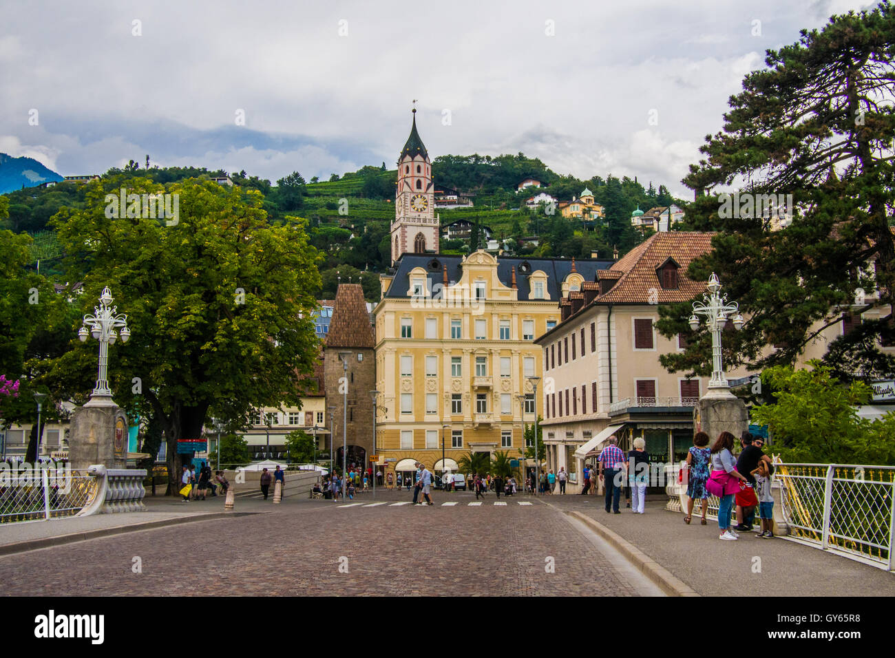 Merano (Also called Meran), an old spa town in the Bolzano province of the Trentino-alto Adige region, Italy. Stock Photo