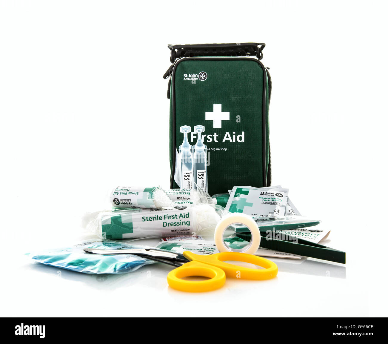 St John Ambulance First Aid Kit on a white background Stock Photo