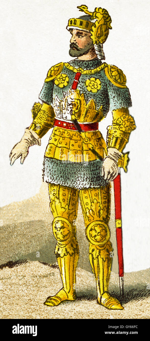The French knight represented here dates to the A.D. 1400s. The illustration dates to 1882. Stock Photo