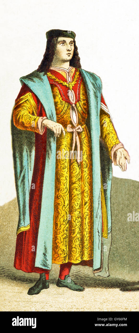 The Italian figure represented date to A.D. 1400. He is a man of rank in Milan. The illustration dates to 1882. Stock Photo